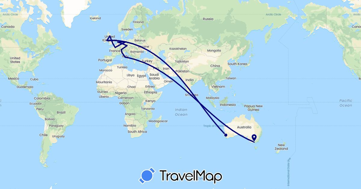 TravelMap itinerary: driving in Australia, Switzerland, Czech Republic, Germany, France, United Kingdom, Ireland, Italy, Netherlands (Europe, Oceania)